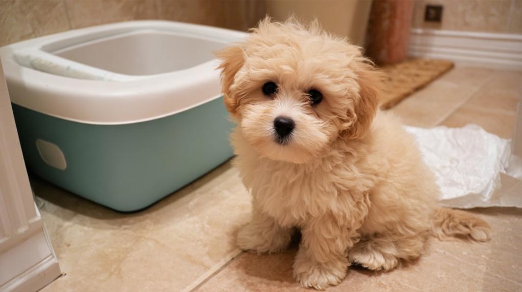 dog_of_the_Maltipoo_breed_of_cream_color_sits_on_a_diaper (3).png