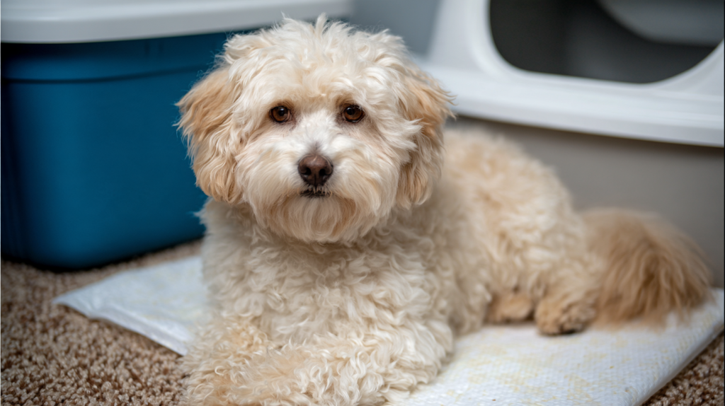 dog_of_the_Maltipoo_breed_of_cream_color_sits_on_a_diaper.png
